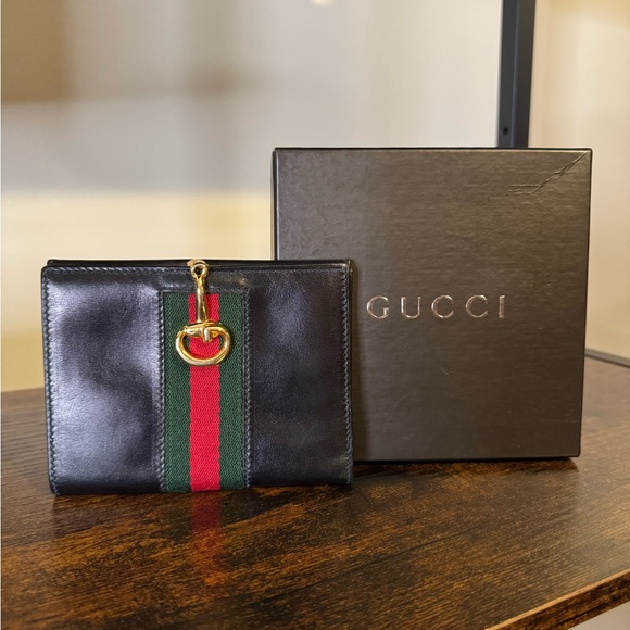 Gucci Handbags - Gucci Black Leather Wallet with Red and Green Accent